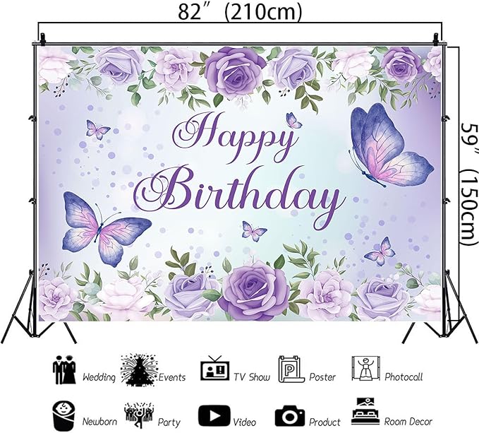 7x5Ft Butterfly Happy Birthday Backdrop Purple Butterfly Backdrop Rose Flowers Decorations Girls Birthday Party Backdground Decoration Cake Table Banner Happy Birthday Photography Background