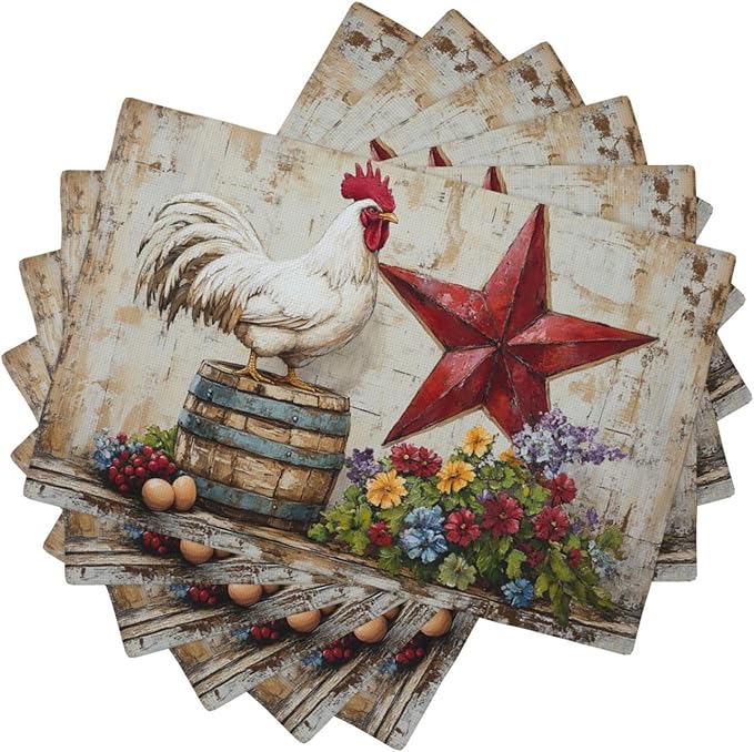 Farmhouse Chicken Placemats Set of 6 Washable Table Retro Rooster Heat-Resistant Cotton Linen Place Mats for Dining Table Kitchen Indoor Outdoor Party Holiday Decor