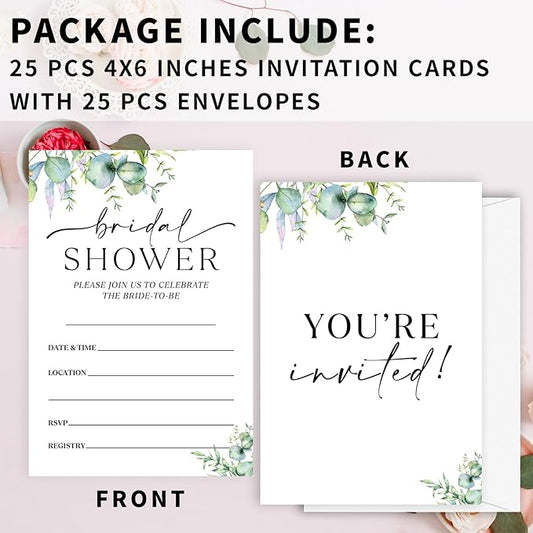 25 Set Greenery Bridal Shower Party Invitations with Envelopes, Spring Botanical Wedding Bridal Shower Party Supplies Invitation Cards-A14