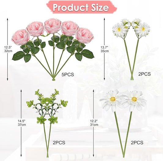 Peonies Artificial Flowers, 11pcs Faux Pink Flowers Artificial Realistic Peony and Daisies Silk Flower Arrangements 14.5" Fake Flowers for Vase Centerpiece Wedding Party Home Decor DIY Bridal Bouquet