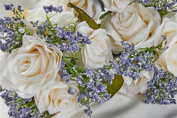 Meldel 6.5 Inch Ivory Bridesmaid Bouquet, Set of 6, Purple Wedding Bouquets for Bridesmaids, Small White Bridesmaids Bouquets