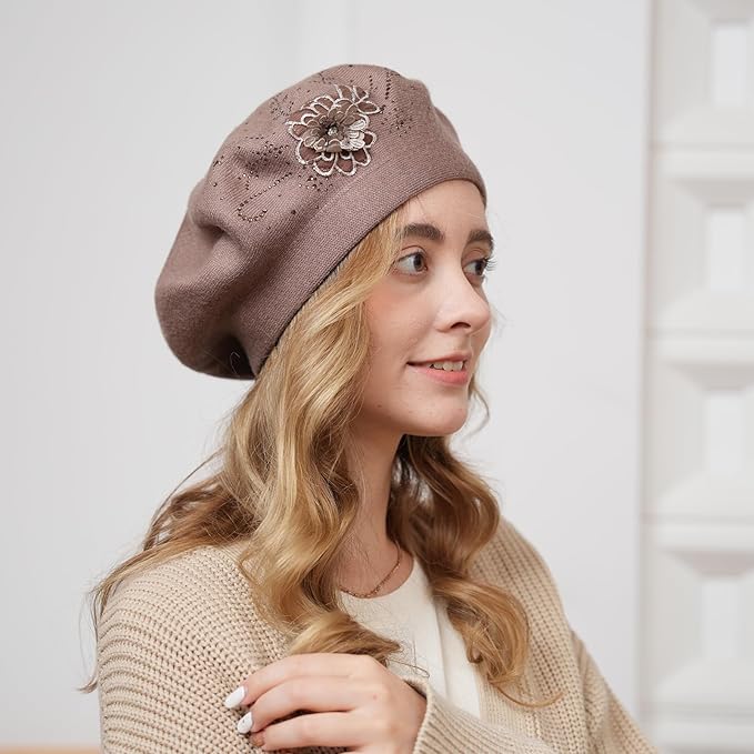 Flower Embroidery Beret Hat for Women, French Style Knitted Beret Hats, Stylish Solid Color Beret Cap for Women Girls Lady