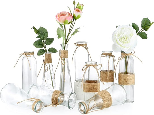 MDLUU Clear Glass Bud Vase in Bulk, 10Pcs Assorted Decorative Glass Bottles with Rope, Different Sizes Vintage Jar for Wedding Centerpiece, Party, Reception Table, Home Decor