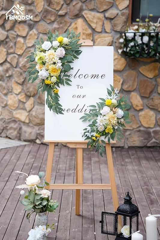 Faux Flowers Wedding Welcome Signs Floral(Pack of 2),Wedding Arch Flowers for Wedding Decorations and Reception Backdrop Decoration Thanksgiving Halloween Party Decoration (Yellow)