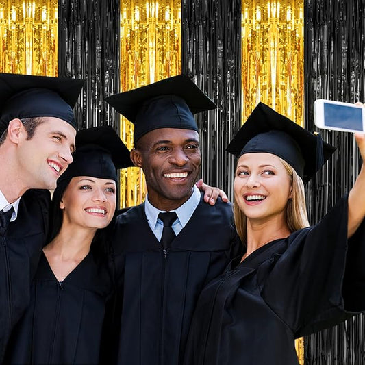 2 Pack 3.2x8.2 Feet Black and Gold Tinsel Backdrop Party Decorations, Foil Fringe Curtains Backdrop for Birthday Graduation Wedding Engagement Bridal