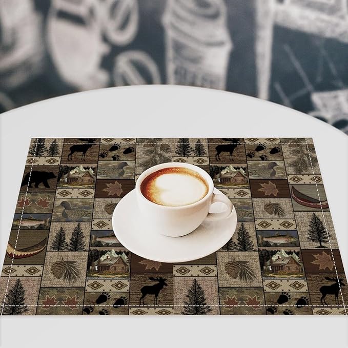 Retro Rustic Bears Deers Lodge Placemats Set of 4, Vintage Cabin Country Farmhouse Style Place Mats, Heat Resistant Non Slip Cotton Linen Dining Table Mats for Home Kitchen Party 18x12 Inch