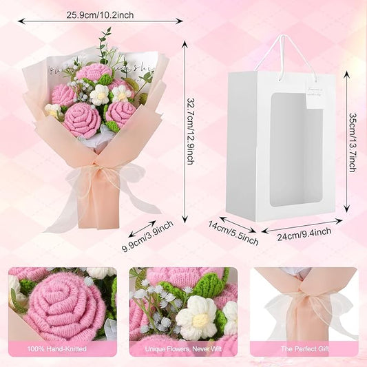 Crochet Flowers Bouquet, Handmade Knitted Rose Bouquet with Gift Bag for Home Deocor, Crocheted Finished Flower for Wedding, Mother's Day, Teachers' Day and Valentine's Day, Pink White