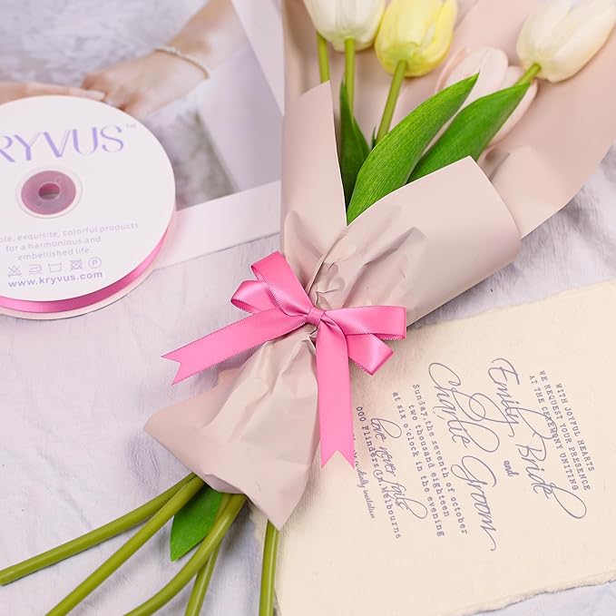 Double Faced Hot Pink Satin Ribbon, 5/8 Inch X 50 Yards Polyester Ribbon for Gift Package Wrapping, Crafts, Bow Making, Sewing, Flower Bouquet, Wedding Party Decor