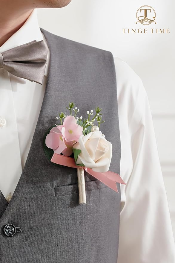 TINGE TIME Boutonniere for Men Wedding,Groom and Best Man Boutonniere for Wedding Ceremony Anniversary, Formal Dinner Party and Rustic Spring Wedding Marriage (10, Champange&Pink)