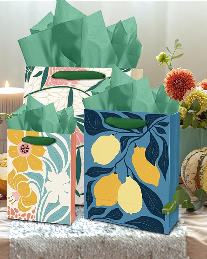qiqee Clash Flowers Gift Bags with Tissue Paper Mulit Assorted Sizes 10PCS Present Party Favor Birthday Bags(2pcs Large 13", 4pcs Medium 9", 4pcs Small 6",30pcs Tissue Paper)