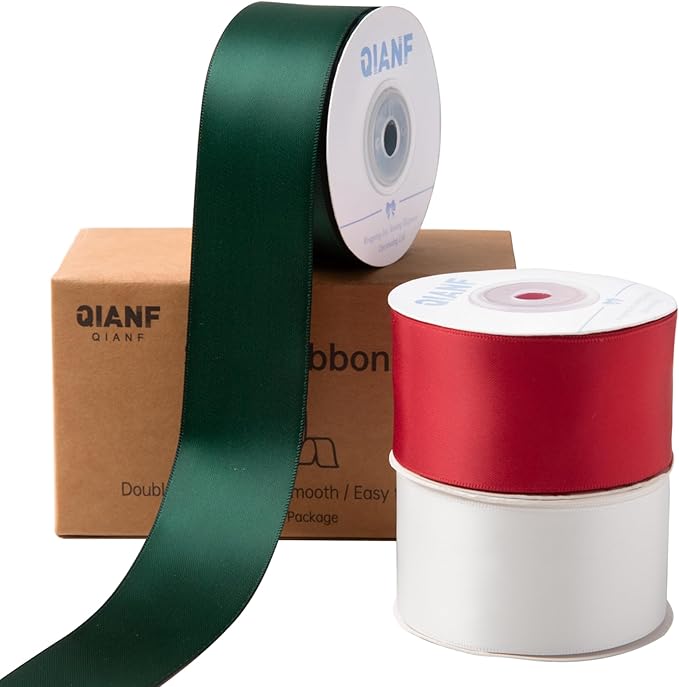 Red/Dark Green/White Double Face Satin Ribbon 1-1/2 Inch x 45 Yards Fabric Ribbon for Gift Wrapping, Flower Bouquets, Hair Bows Making, Wedding Decoration, Christmas (3 Rolls *15Yd)