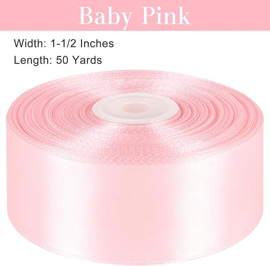 1-1/2 Inches 50 Yards Baby Pink Satin Ribbon, Solid Fabric Ribbon Roll for Flower Bouquets, Gift Wrapping, Wedding, Handmade Crafts