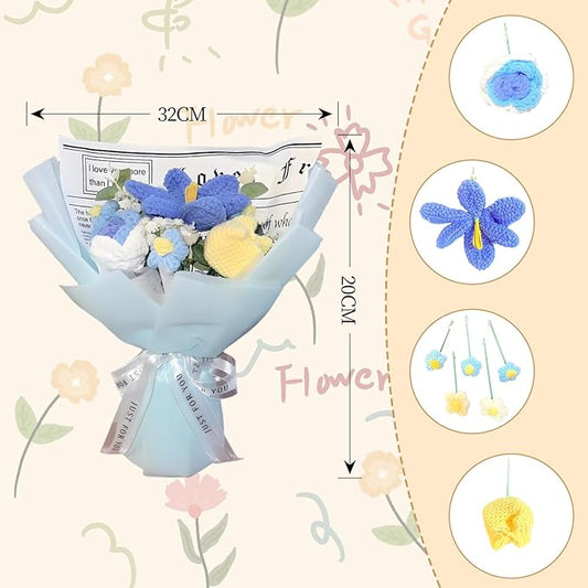 Crochet Flower Bouquet Blue Knitted Flowers Tulips and Blue Roses Daisies Handmade Crochet Flowers Knitted Bouquet Home Decor, Anniversary, Birthday Gift,Mother's Day Graduation Gifts(blue)