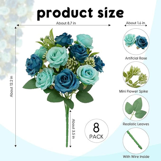8 Pack Rose Artificial Flowers Bouquet, 10 Small Silk Rose Heads Per Pack, Fake Roses Bunches for Wedding Table Centerpieces Bridal Bouquet Mother's Day Valentine's Day Home Decor, Blue