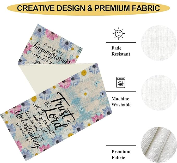 Daisy Flower Table Runner, Colorful Farmhouse Rustic Daisy Flower Print Linen Coffee Table Center Decor for Home Kitchen Dining Patio Holiday Party Indoor Outdoor Table Decorations 13x36 inch
