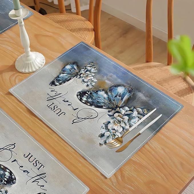 Blue Butterfly Placemats Set of 4, Farmhouse Country Rustic Just Breathe Place Mats Washable Double-Sided Table Mats for Dining Room Home Party Indoor 4 PCS 12x18 Inch