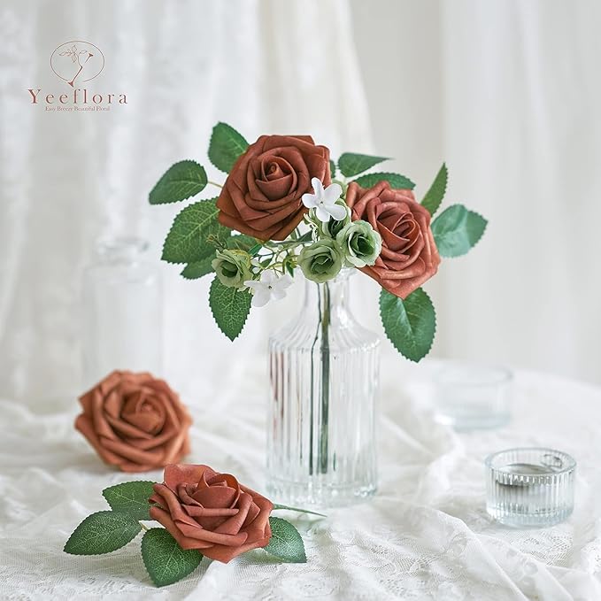 Artificial Flowers, 25pcs Artificial Rose for DIY Wedding Bouquets Centerpieces Arrangements, Terracotta and Dark Teal Foam Roses with Stem for Party Home Decorations