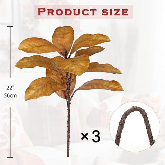 Briful Artificial Magnolia Leaves Stems 3 Pack 22in Yellow Brown Fake Magnolia Branches for Vase Fall Leaves Stems for Home Room Arrangements Centerpieces Thanksgiving Décor (Vase Not Included)