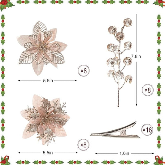 24 Pcs Champagne Boxed Christmas Poinsettia Flowers Set, 16 Pcs Artificial Poinsettias with Clips, 8 pcs Glitter Christmas Tree Ornaments Berry Stems for Wedding Home Holiday Xmas New Year Decorations