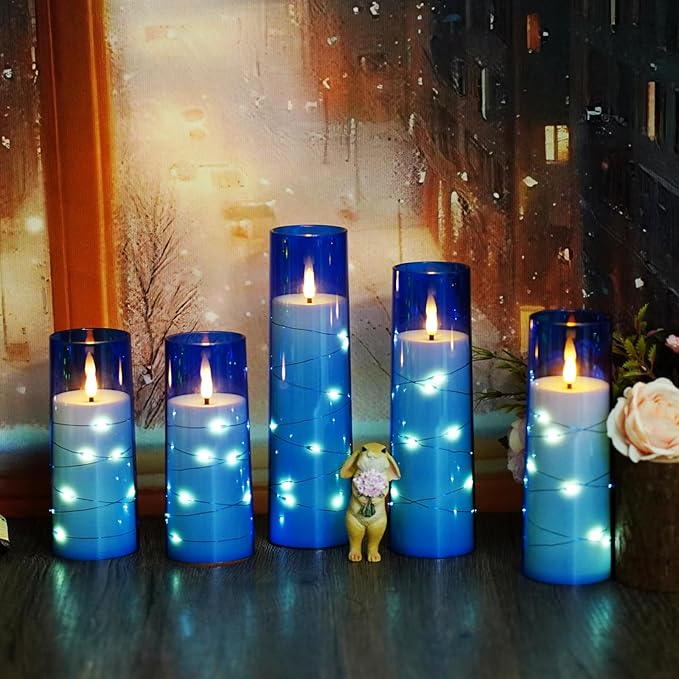 Flameless LED Candles with Timer 5 Pc Flickering Flameless Candles for Romantic Ambiance and Home Decoration Stable Acrylic Shell,with Embedded Star String,Battery Operated Candles(Blue)