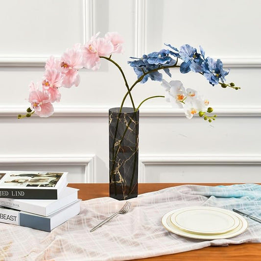 Flower Vase for Centerpieces, Black Gold Marble Print Plastic Cylinder Vase, Clear Bud Vases for Home Wedding Office Table Decor