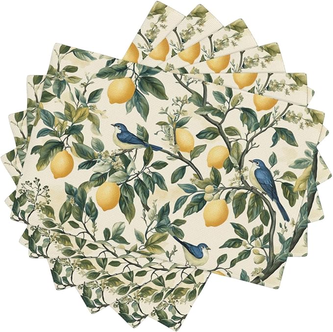 Lemon Placemats Set of 6 Washable Table Mats Summer Yellow Lemonade Stand Heat-Resistant Cotton Linen Place Mats for Dining Table Kitchen Indoor Outdoor Party Holiday Decor