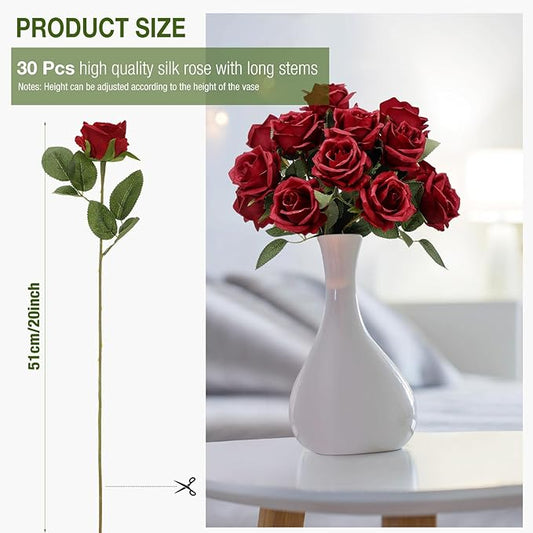 30 Pcs Rose Artificial Flowers in Bulk Real Touch Long Stem Silk Roses Bouquets Realistic Faux Flowers for Wedding Bridal Shower Home Decor Floral Arrangements Table Centerpiece(Burgundy)