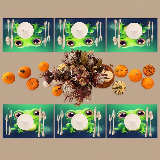 Frog Animal Green Placemats Set of 1 PVC Vinyl Non Slip Table Mats Waterproof Heat Resistant Place Mats Washable Wipeable Dining Table Mat for Kitchen Party Farmhouse Indoor Outdoor Decorative