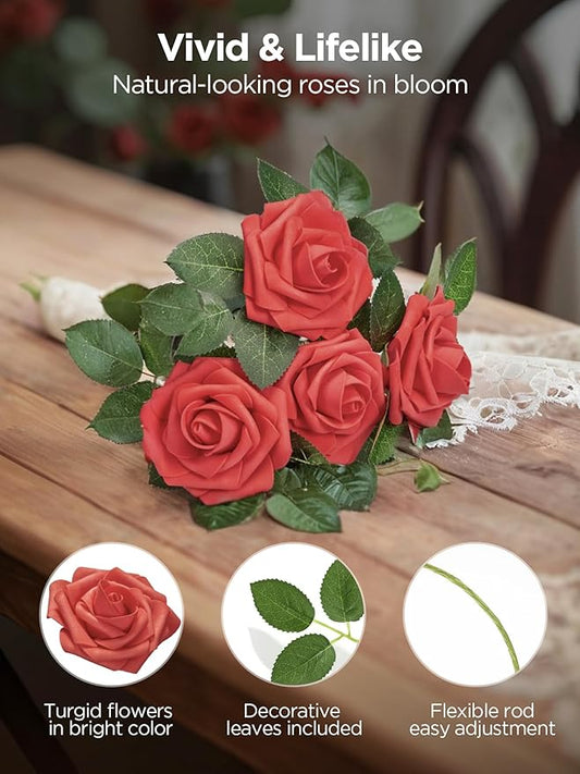 InnoGear Artificial Flowers, 50 Pcs Red Foam Fake Roses Bulk with Stems for Decoration DIY Wedding Bouquets Centerpieces Bridal Shower Party Valentines Christmas Tree