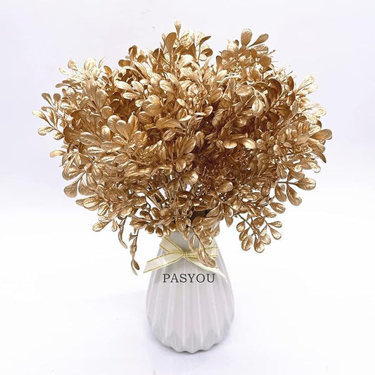 PASYOU Gold Artificial Plants Christmas Decorations, Golden Fake Flowers Bouquet Leaves Faux Foliage Home Garden Indoor Outdoor Party Hotel Verandah Wedding Event Decor Plastic Grass Shrubs - 4 Pack