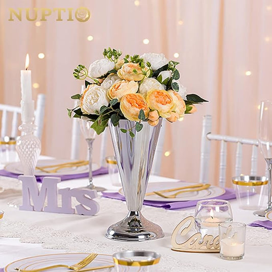 10 Pcs Tabletop Metal Wedding Flower Trumpet Vase, 9.8 inch Table Decorative Centerpiece Artificial Flower Arrangements for Anniversary Ceremony Party Birthday Event Aisle Home Decoration, Silver