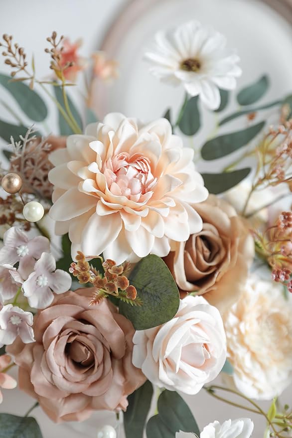 YYHUAWU Artificial Flowers Combo Set Fake Flower Leaf Box with Stems for DIY Wedding Bouquets Centerpieces Arrangements Baby Shower Party Home Decorations (Brown & Nude Color)