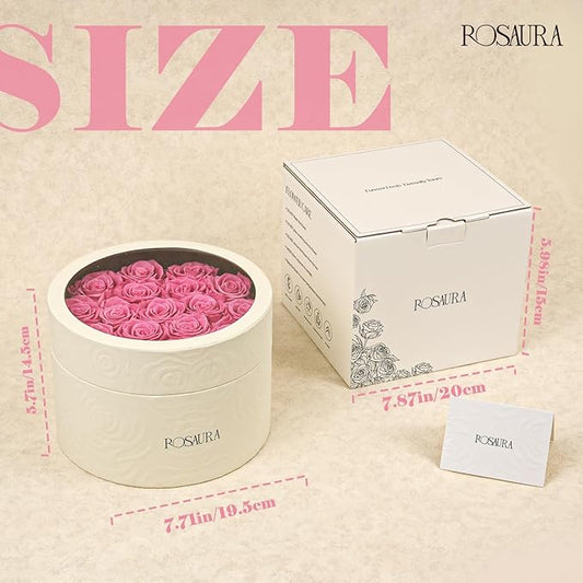 Rosaura Round Preserved Roses Gift Box - Real Forever Flowers for Birthday, Valentine's & Mother's Day (Pink, 17 Roses)