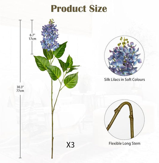 Artificial Lilac Flowers 30" Tall – Set of 3 Silk Lilac Flower Stems for Home Decor, Wedding Centerpieces, Faux Floral Arrangements – Blue Artificial Flowers for Vase, Spring & Farmhouse Décor