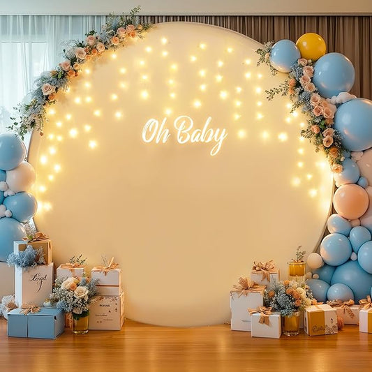 6.6 FT White Round Backdrop Cover with Lights String for Circle Arch Stand Circle Backdrop Covers with LED Fairy Lights for Wedding Arch Baby Shower Birthday Party Photo Shoot Photography Background