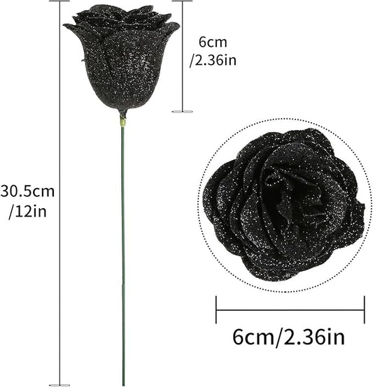 Roses Artificial Flowers,30PCS Black Glitter Roses Silk Roses for Wedding Bouquet Party Christmas Home Decor(Black)