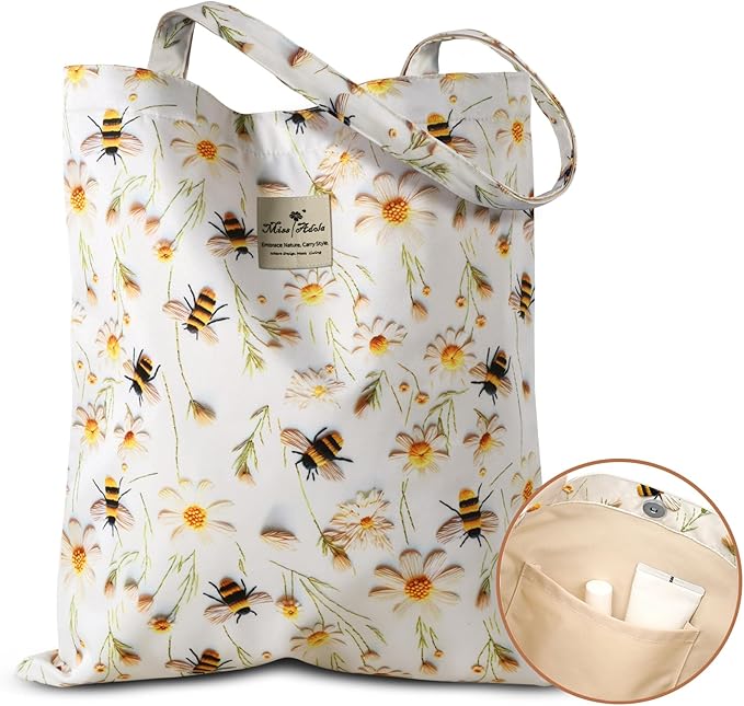 Aesthetic Cotton Tote Bag for Women - Reusable Shoulder Bag with Buckle Fabric Bag for Gym, Travel, Work