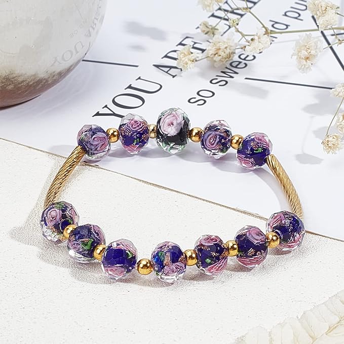 PH PandaHall 60pcs 8~10mm Midnight Blue Rose Lampwork Beads Gold Sand Glass Beads 2mm Hole Flower Glass Beads Floral Handmade Lampwork Beads Round Loose Beads for Rosary Making Jewelry Craft Making