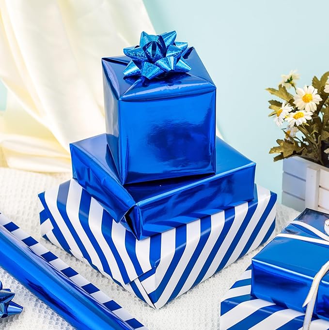 Merture Reversible Royal Blue Wrapping Paper Roll - 17 In X 32.8 Ft(46.5 sq.ft.) Metallic Blue and Stripe Design Gift Wrap for Birthday, Fathers Day, Baby Shower, Gender Reveal Party, Hanukkah