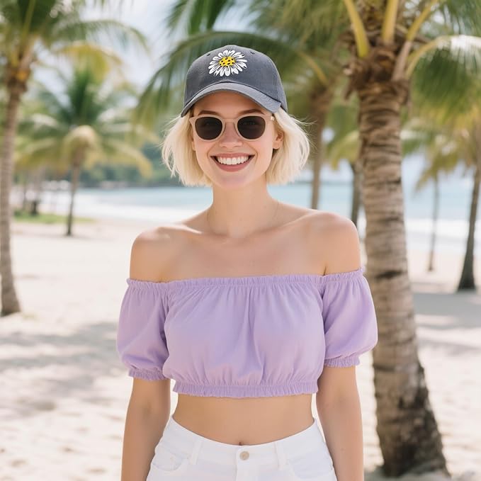 Waldeal Pickleball Hat for Women, Ajustable Embroidered Daisy Washed Denim Baseball Cap