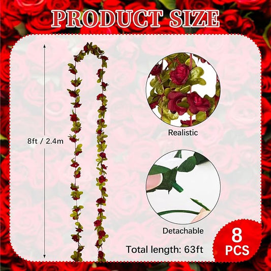 8Pcs 63Ft Burgundy Rose Garland, Fake Rose Hanging Flowers, Artificial Flower Vine, Hanging Floral Vine Garland for Wedding, Birthday Party, Wall Arch, Halloween, Christmas Garden Backdrop Decor