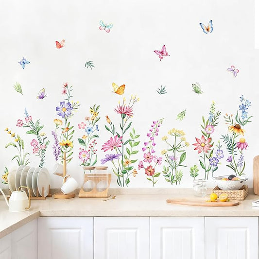Flower Wall Decals Watercolor Wildflower Grass Butterflies Wall Stickers Peel and Stick Vinyl Decal for Girls Bedroom Living Room Home Office
