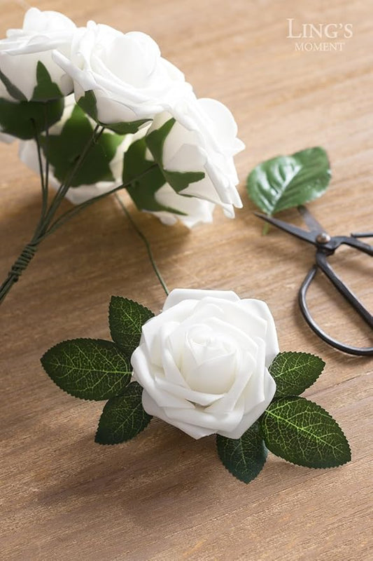 Ling's moment Artificial Flowers 50Pcs White Roses Decor w/Stems,3" Real Touch DIY Foam Floral for Wedding Bouquet/Centerpieces, Outdoors Party Backdrop, Room/Table, and Garden/Pot Decorations