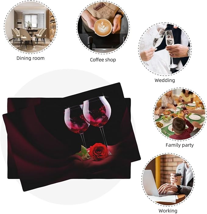 Red Wine Rose Linen Placemats Set of 4 Retro Romantic Rose Floral Art Placemat Indoor Outdoor Party Home Desktop Kitchen Dining Room Decoration 12x18 Inch