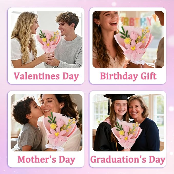 Hand-Woven Flower Bouquet Finished(1pcs) for Women Girlfriend Birthday Gift Wedding Decoration Crochet Artificial Flower, Bouquet Gift (Pink-Y)