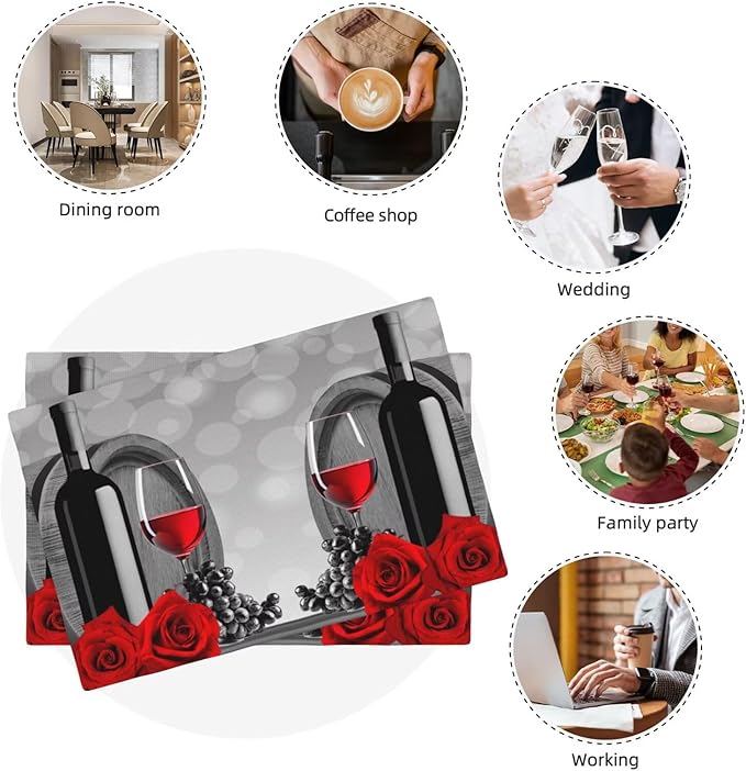 Wine Linen Table Placemats Set of 6 Red Rose Wine Barrel Print Placemat Indoor Outdoor Party Home Desktop Kitchen Dining Room Decoration 12x18 Inch