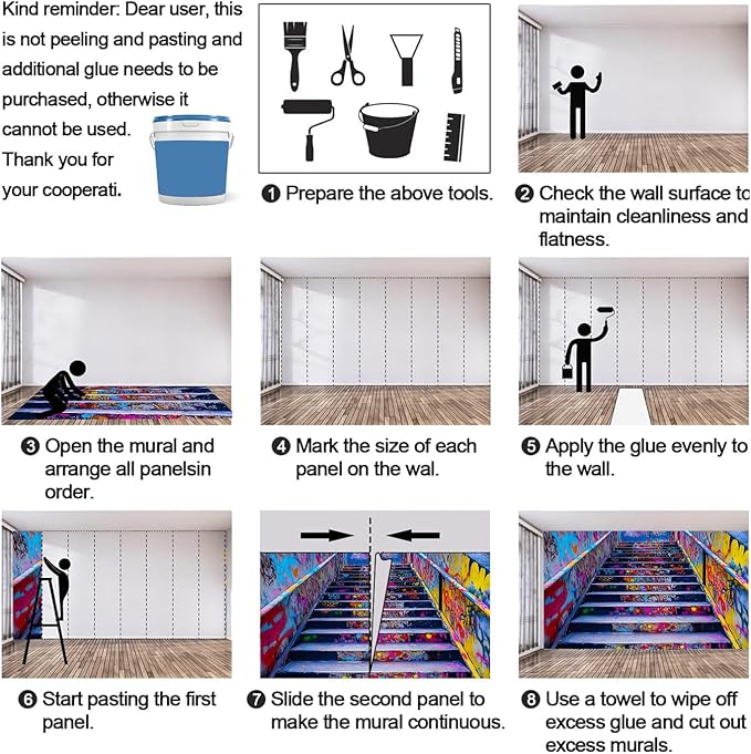 Graffiti Staircase Wall Mural, Urban Street Art 3D Wall Murals, Modern Hip-Hop Colorful Graffiti Steps Wallpaper Mural, for Living Room Bedroom Large Wallpaper Indoor Decor 157.5" W x110.3 H