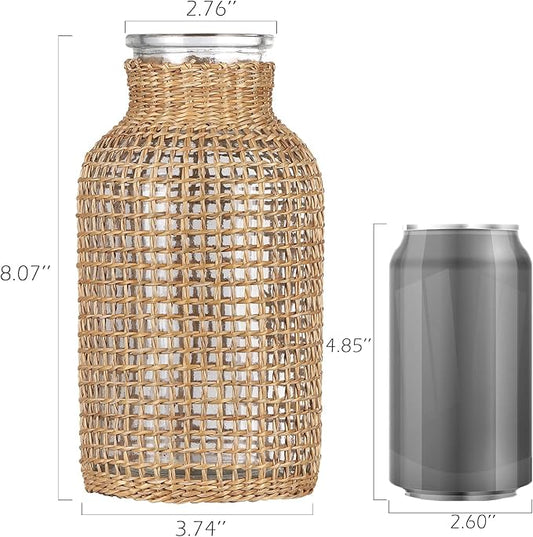 WHJY Boho Glass Vase, Rattan Vase, Farmhouse Rattan Décor, Round Flower Vase Basket Vase for Floral Arrangements -8 inch