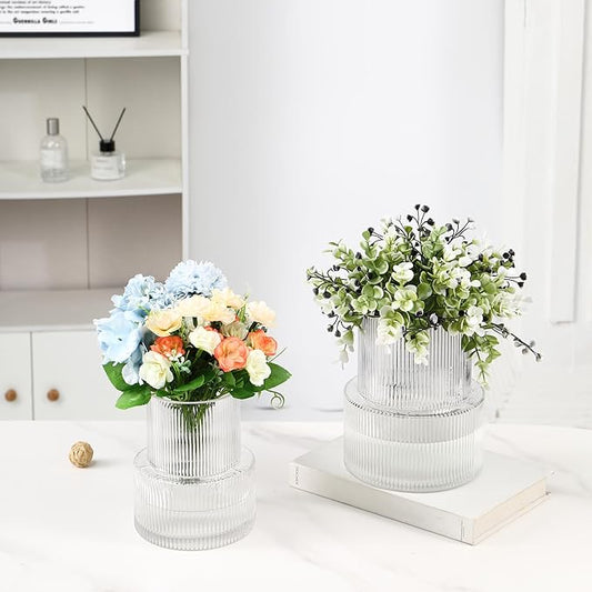 Ribbed Glass Vases for Bouquet, Set of 2 Fluted Vases for Flowers, Clear Vase for Tulips, Modern Glass Vase for Living Room, Office, Coffe Table, Dining Table, Shelf, Wedding