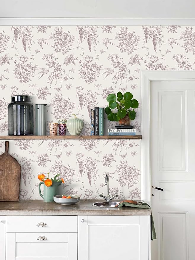 Vintage Floral Peel and Stick Wallpaper Red Floral Contact Paper 16.9"x118.1" Cream White and Red Flowers Bird Self Adhesive Wallpaper for Bathroom Waterproof Removable Wall Paper Cabinets Decorative